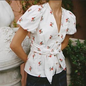 Maeve Anthropologie White Embroidered Floral Puff Sleeve Top Sz 12 Cottage Boho